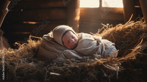 Baby Jesus Christ in a barn laying in a manger in hay