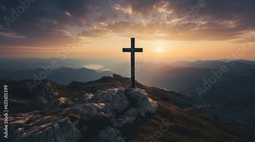 Centered Christian cross silhouette on the mountain at sunrise © Generative Professor