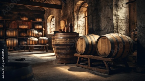 Fotografie, Tablou Vintage wine barrels and casks in old cellar