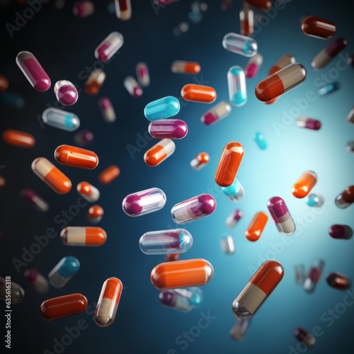 Antibiotics and capsules in the air. Concept is healthy. Generative AI