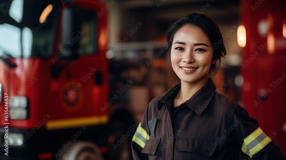 Asian woman firefighter female first responders at the firefighting ...