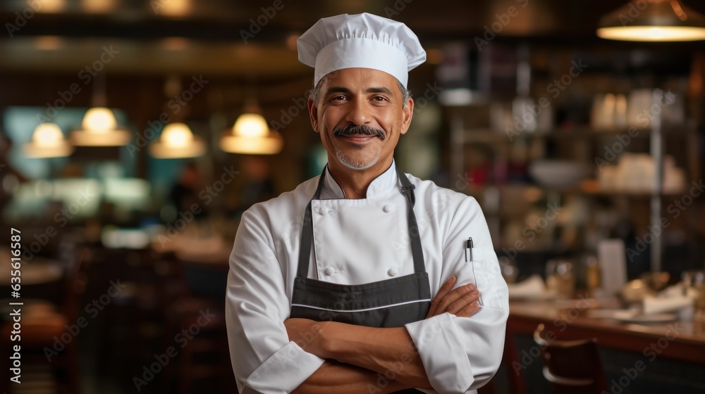 Smiling hispanic male chef standing in a restaurant kitchen with hands crossed