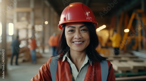 Asian female construction worker at a building site smiling