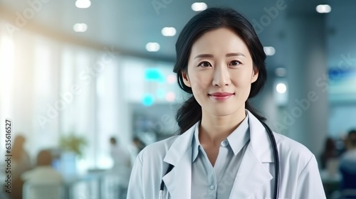 Young chinese asian female doctor standing in a hospital with her arms crossed