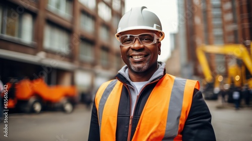 Middle aged black male builder construction worker at a building site smiling