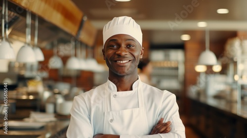 Smiling black man chef standing in a restaurant kitchen with hands crossed