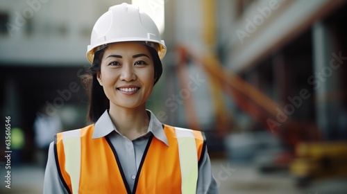 Asian female builder construction worker at a building site, young woman in a helmet