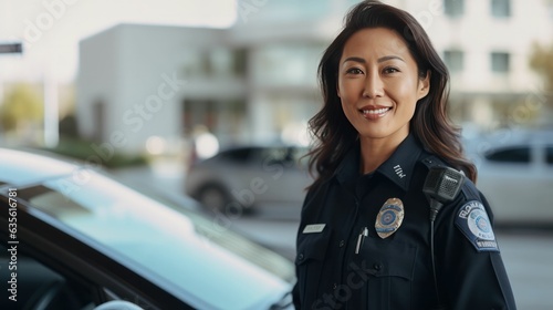 Middle aged asian police officer woman smiling