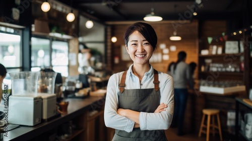 Coffee shop owner asian woman smiling. Asian owned business.