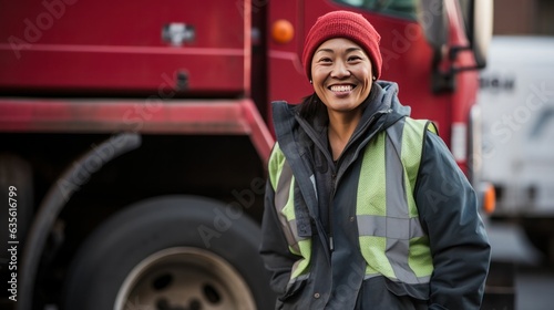 Asian female woman waste collector job worker smiling into the camera