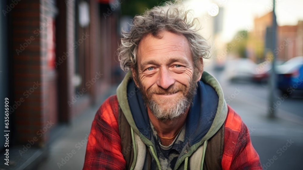 Senior homeless man sitting on the street smiling Senior homeless man sitting on the street smiling