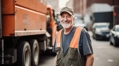 Old white man near a garbage collection dump truck