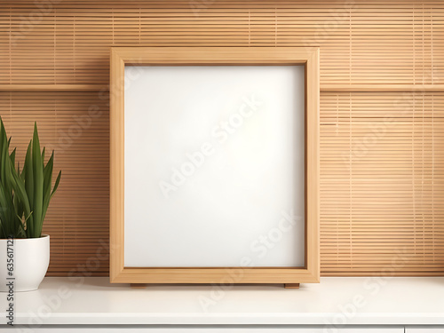 Indoor interior design with wooden table square bamboo empty picture frame Mockup for product presentation. 3D poster frame template. © UN