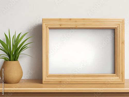 Indoor interior design with wooden table square bamboo empty picture frame Mockup on white wall for product presentation. 3D poster frame template.