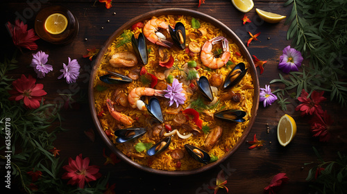 Freshly prepared paella top view, dark background. A dish with seafood. The concept of national spanish cuisine.