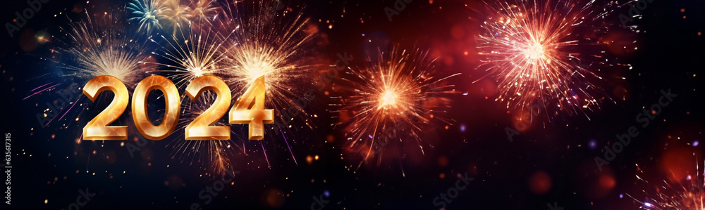 2024 New Year banner, written in large and gold, with a black background, and orange and yellow fireworks, creating a festive and celebratory feeling.