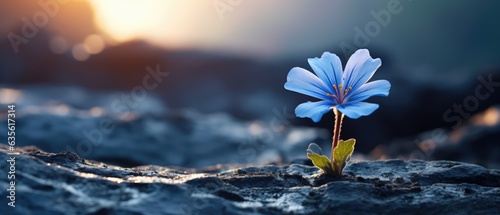 Fototapeta Naklejka Na Ścianę i Meble -  Delicate flower in bloom growing on harsh tundra rock cliff, violet blue petals, ice cold winter morning, panoramic macro closeup - generative AI 