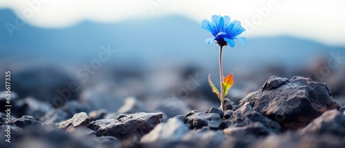 Fototapeta Naklejka Na Ścianę i Meble -  Delicate flower in bloom growing on harsh tundra rock cliff, violet blue petals, ice cold winter morning, panoramic macro closeup - generative AI 