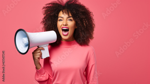 Confident Young Woman Holding a Megaphone in a Clear Background Perfect for Campaign and Event Promotion