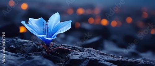 Delicate flower in bloom growing on harsh tundra rock cliff, violet blue petals, ice cold winter morning, panoramic macro closeup - generative AI 