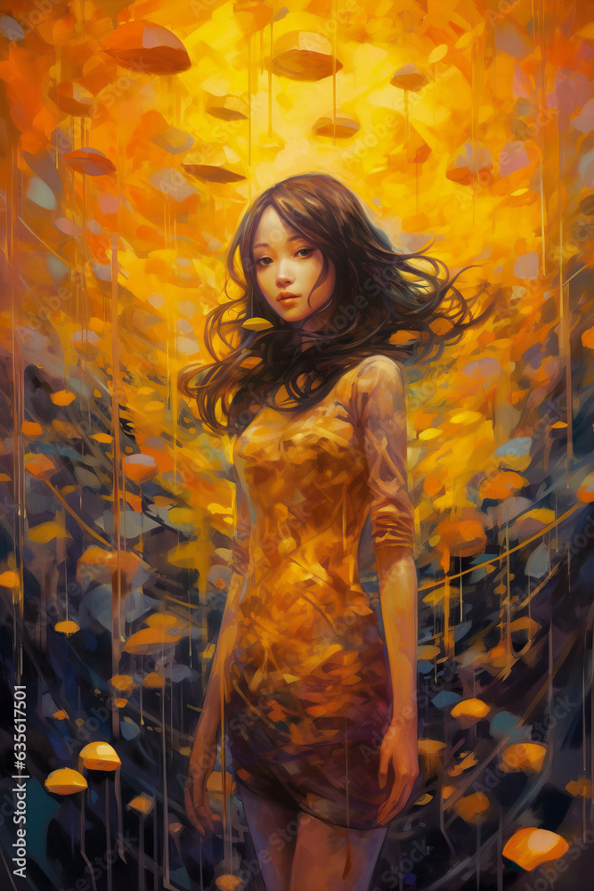Painting of fashionable young woman with long brown hair, standing confidently surrounded by autumn colors