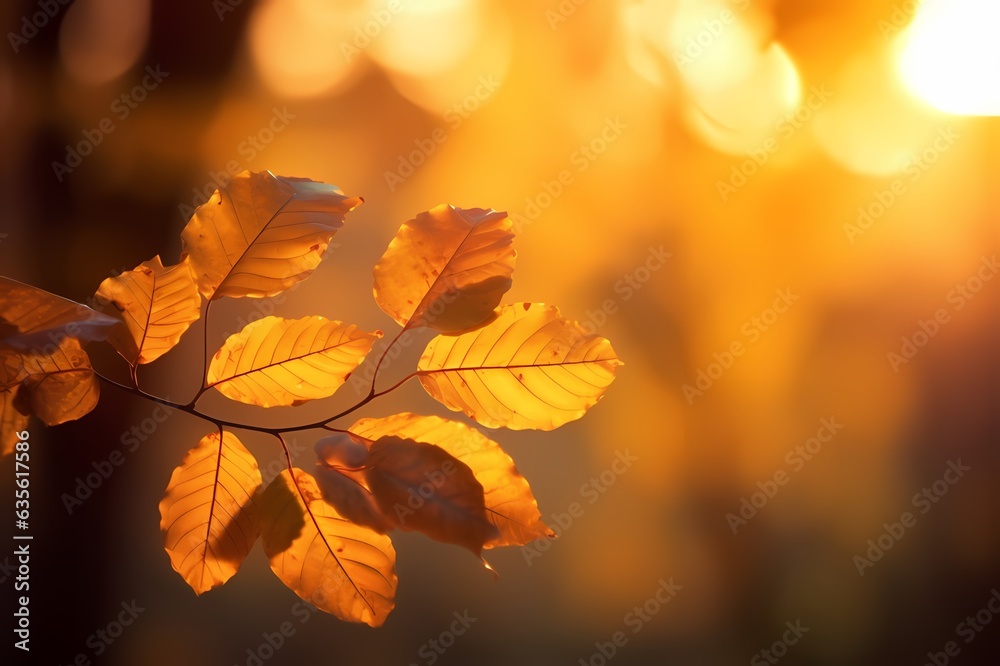 autumn leaves in idyllic beautiful blurred autumn landscape panorama with autumn leaves in sun, advertising space on leaf background, cheerful autumn leaf season concept