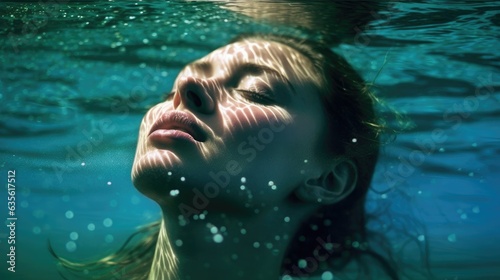 A female swimmer diving into the depths of a pool with her eyes closed. © OKAN