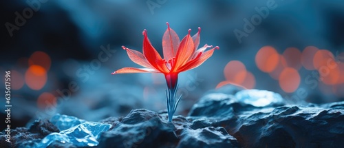 Delicate flower in bloom growing on harsh tundra rock cliff, semi translucent pink petals, ice cold winter morning, panoramic macro closeup - generative AI  photo