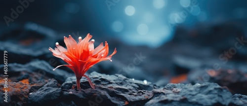 Delicate flower in bloom growing on harsh tundra rock cliff, semi translucent pink petals, ice cold winter morning, panoramic macro closeup - generative AI 