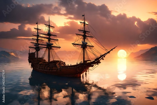 Pirate port overlooking old sailing ship in sea at sunset 3d rendering