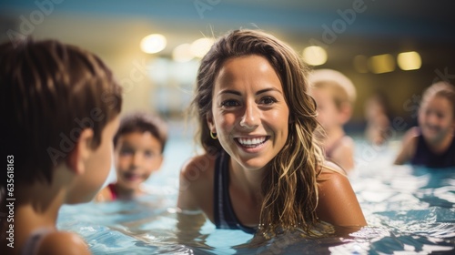 Female teacher giving swimming lessons to children in indoor pool.