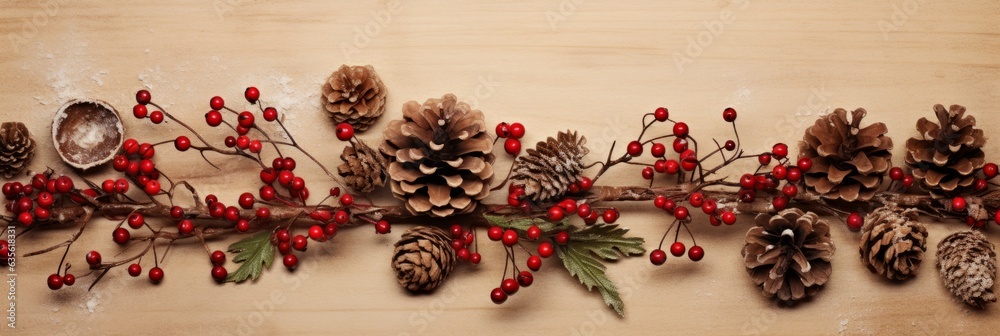 Christmas card decorated with pine cones and cranberries. Generative AI Christmas card decorated with pine cones and cranberries. Generative AI