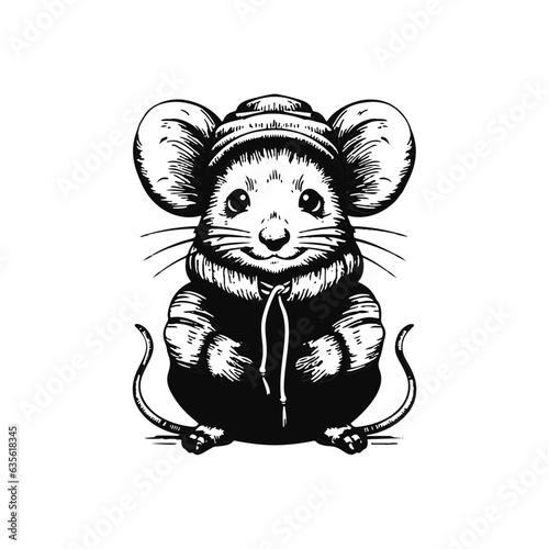 Vector Illustration of a mouse in a sweater utensils and a hatwith lines drawing for logo,icon, black and white photo