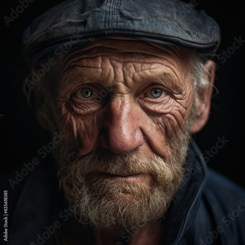 close-up portrait of an aged man wearing a hat