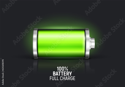 Green battery, full charge with lighting. Full battery. Vector illustration.
