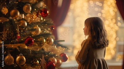 A girl stands in front of a Christmas tree in a festively decorated room. Generative AI © ColdFire