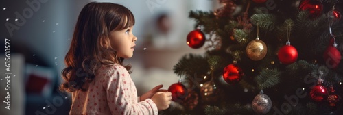A girl stands in front of a Christmas tree in a festively decorated room. Generative AI