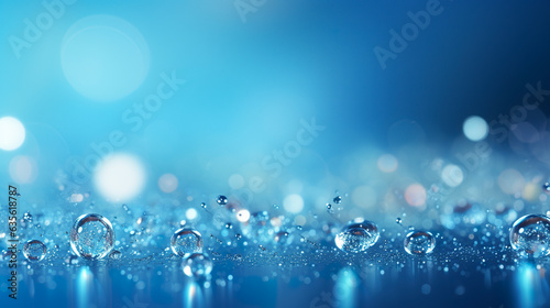 Glistening water droplets dance within a bubble, surrounded by shimmering particles against a serene backdrop of deep blue. Water drops in macro.