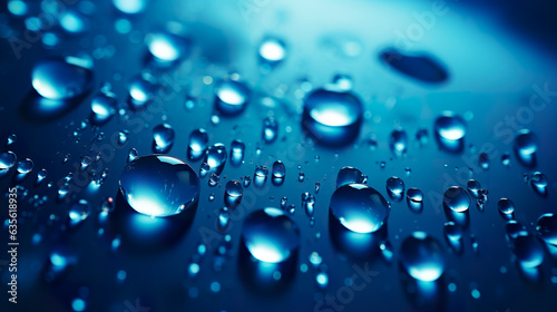 Glistening water droplets dance within a bubble, surrounded by shimmering particles against a serene backdrop of deep blue. Water drops in macro.