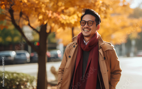 Smiling asian man walking in street  © Gromik