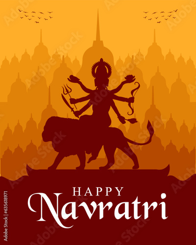 Happy Navratri festival celebration poster or banner design, Goddess Durga Maa silhouette illustration vector.