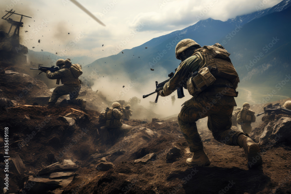 Dramatic Combat Scene: Grenade Throw amidst Gunfire Dramatic Combat Scene: Grenade Throw amidst Gunfire