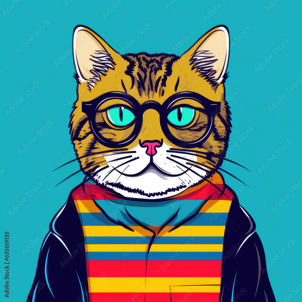Graphic Cat Illustration on Blue