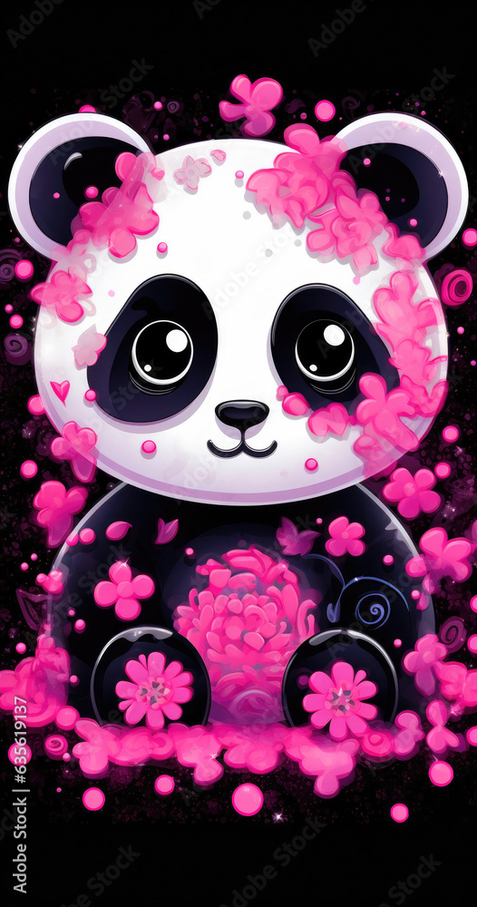Boldly Lineworked: Pink Panda Amidst Clouds