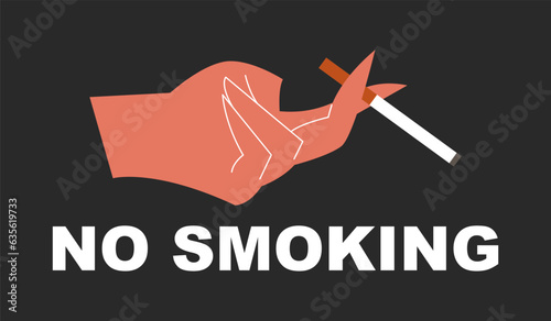 The hand is holding a cigarette. No smoking. Vector illustration in flat minimalism.