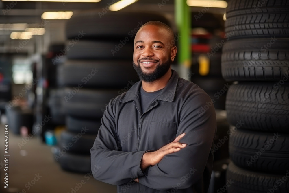 Portrait of happy african male auto mechanic in the background of a tires service canter concept Portrait of happy african male auto mechanic in the background of a tires service canter concept