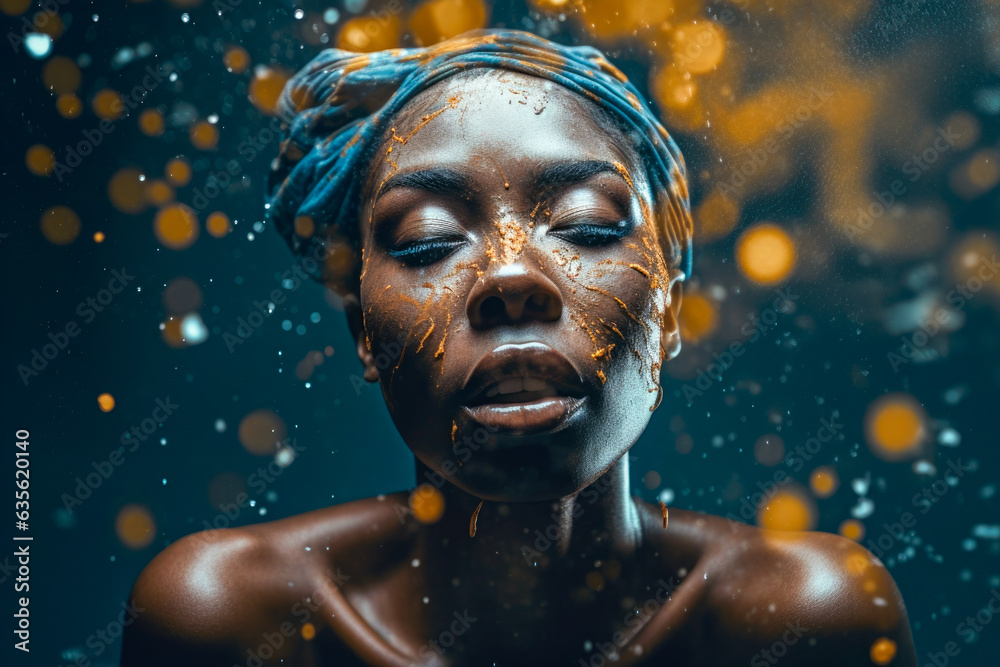 Young Black woman with face covered in orange paint exuding beauty Young Black woman with face covered in orange paint exuding beauty