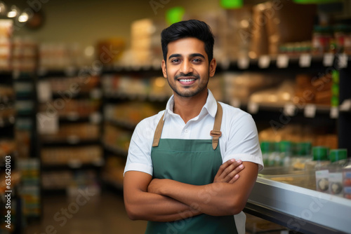 Portrait of cheerful young Indian shop assistant standing in store with arms folded and looking at camera