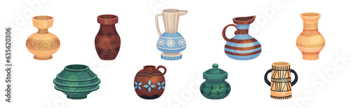 Ceramic Vase and Crafted Clay Container with Ornament Vector Set