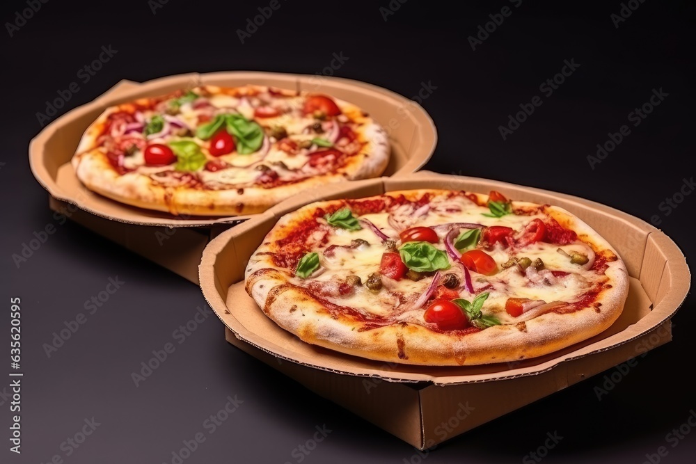 Two Italian pizzas in cardboard boxes. Italian fast food